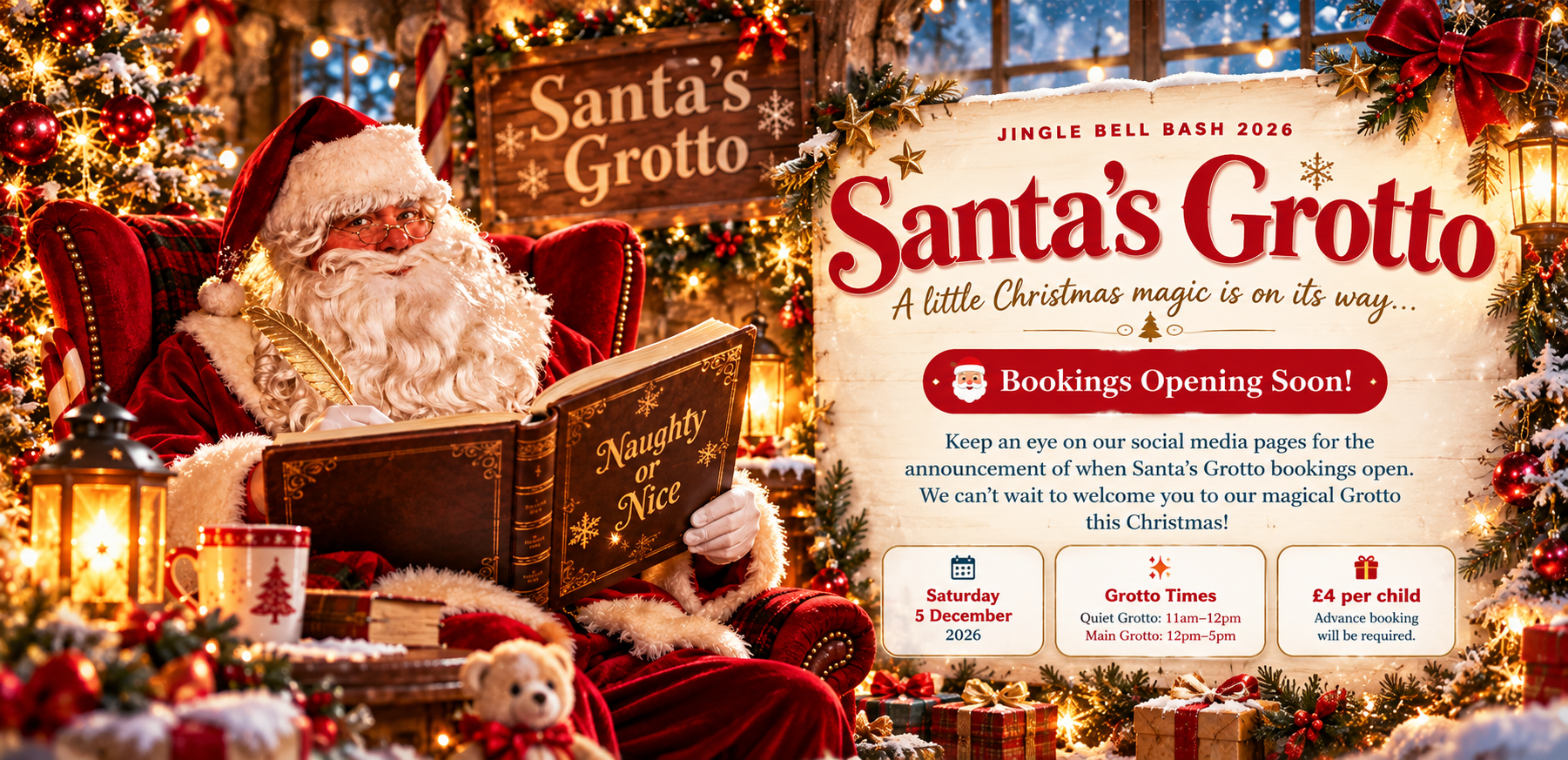 Santa checking his Naughty or Nice book in a magical Christmas Grotto. Jingle Bell Bash 2026 Santa's Grotto bookings opening soon.